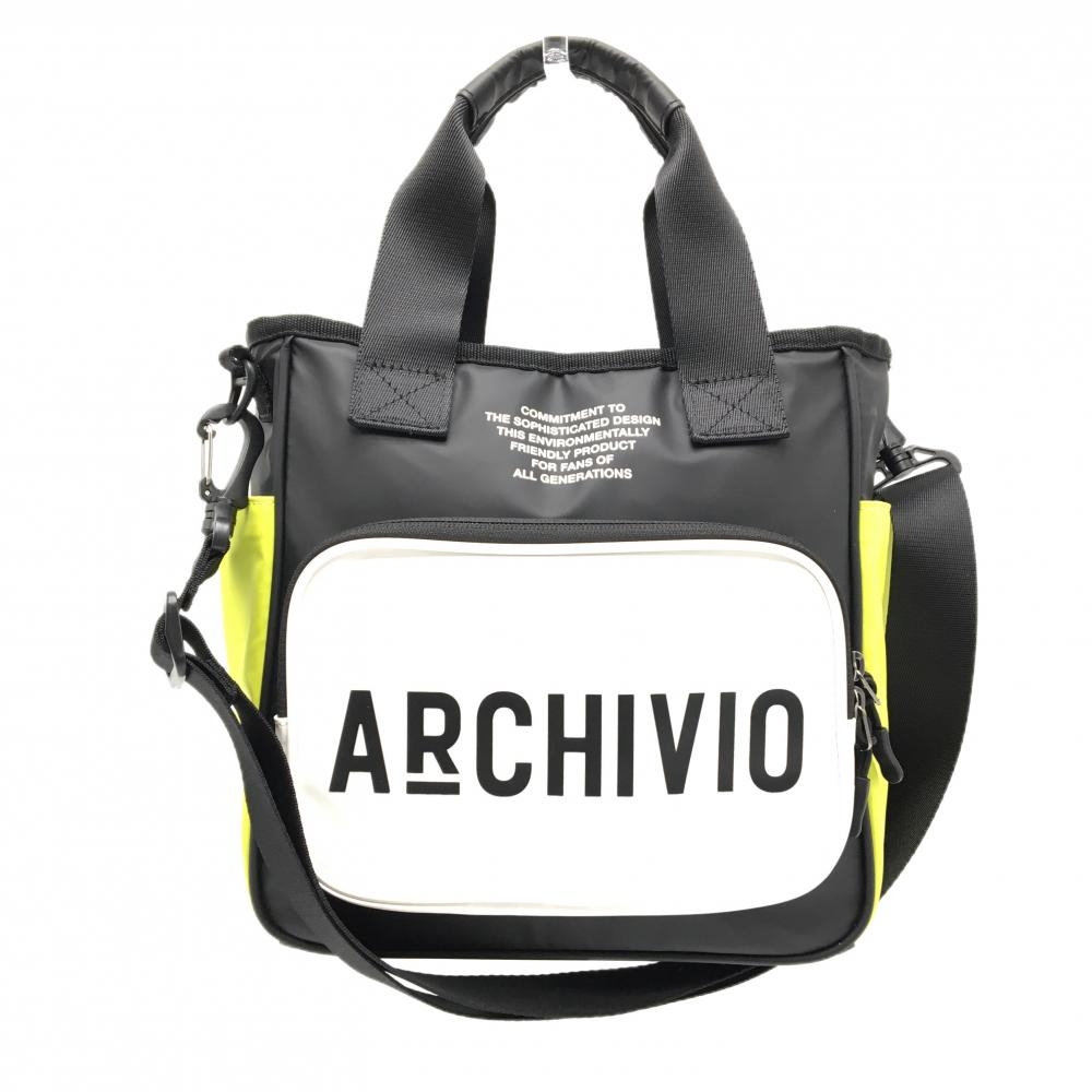 【美品】アルチビオ 2WAYカートバッグ 黒×白×ライムイエロー系 内外サイドポケット ショルダー着脱可 ゴルフ archivio