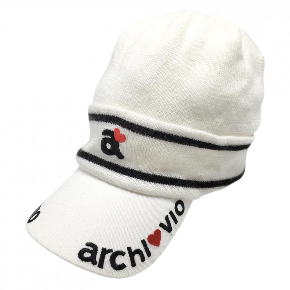 アルチビオ つば付きニット帽 白×黒 ロゴ刺しゅう   ゴルフウェア archivio