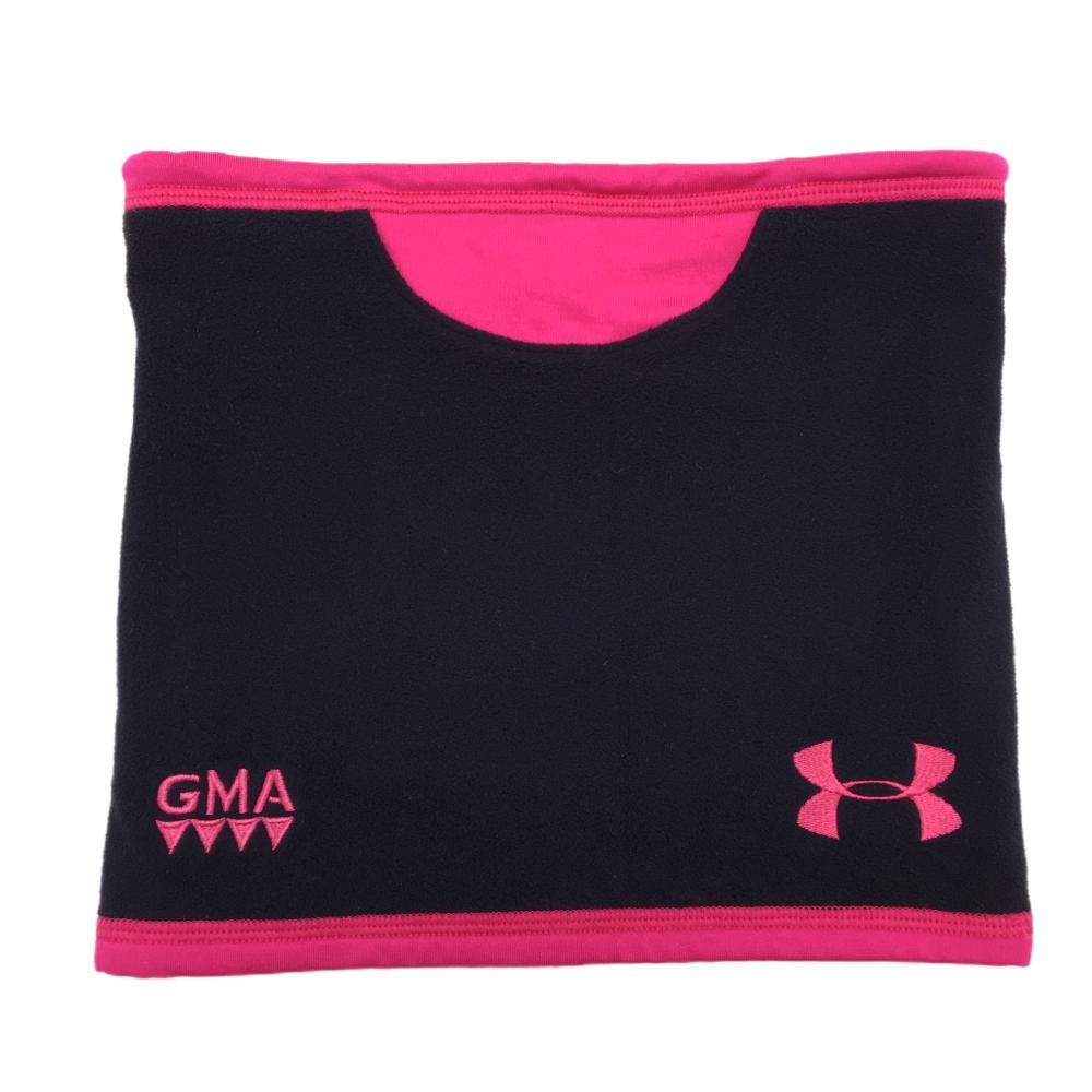 【超美品】アンダーアーマー ネックウォーマー 黒×ピンク ロゴ刺しゅう ドローコード 表起毛   ゴルフウェア UNDER ARMOUR