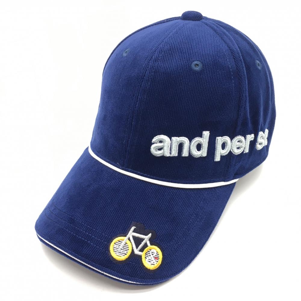 【超美品】アンパスィ キャップ ネイビー×白 コーデュロイ 自転車刺しゅう F  ゴルフウェア and per se