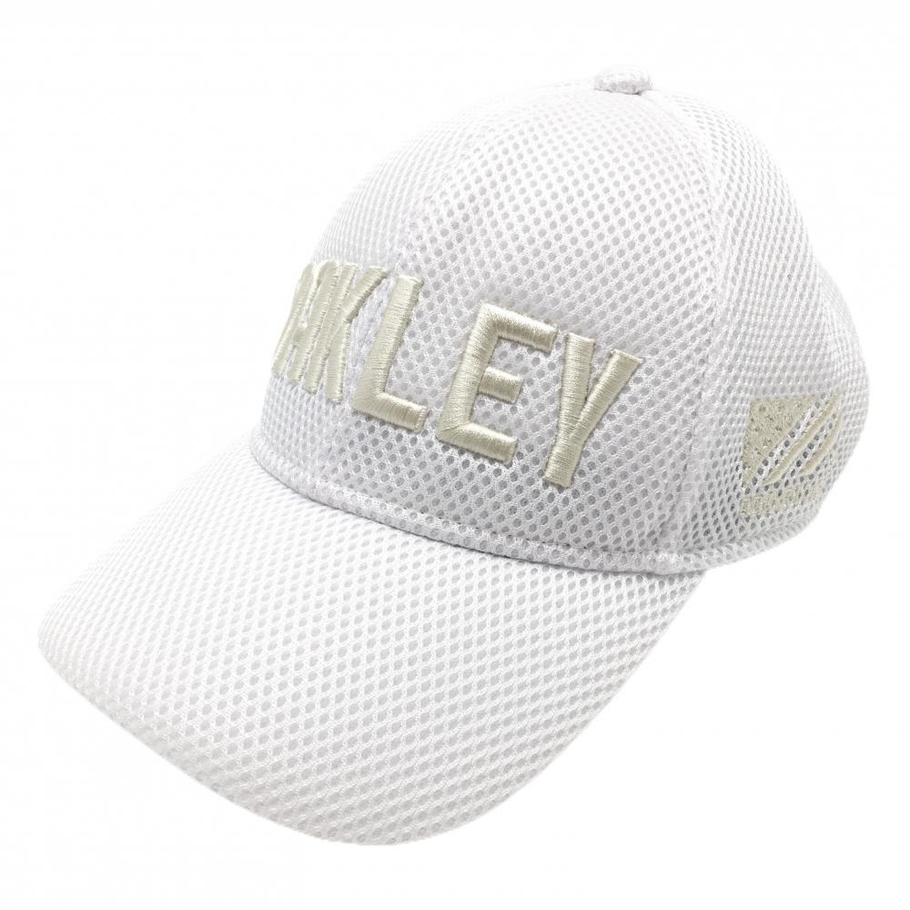 【超美品】オークリー メッシュキャップ 白×アイボリー 立体ロゴ刺しゅう 58cm（ONE SIZE）  ゴルフウェア Oakley