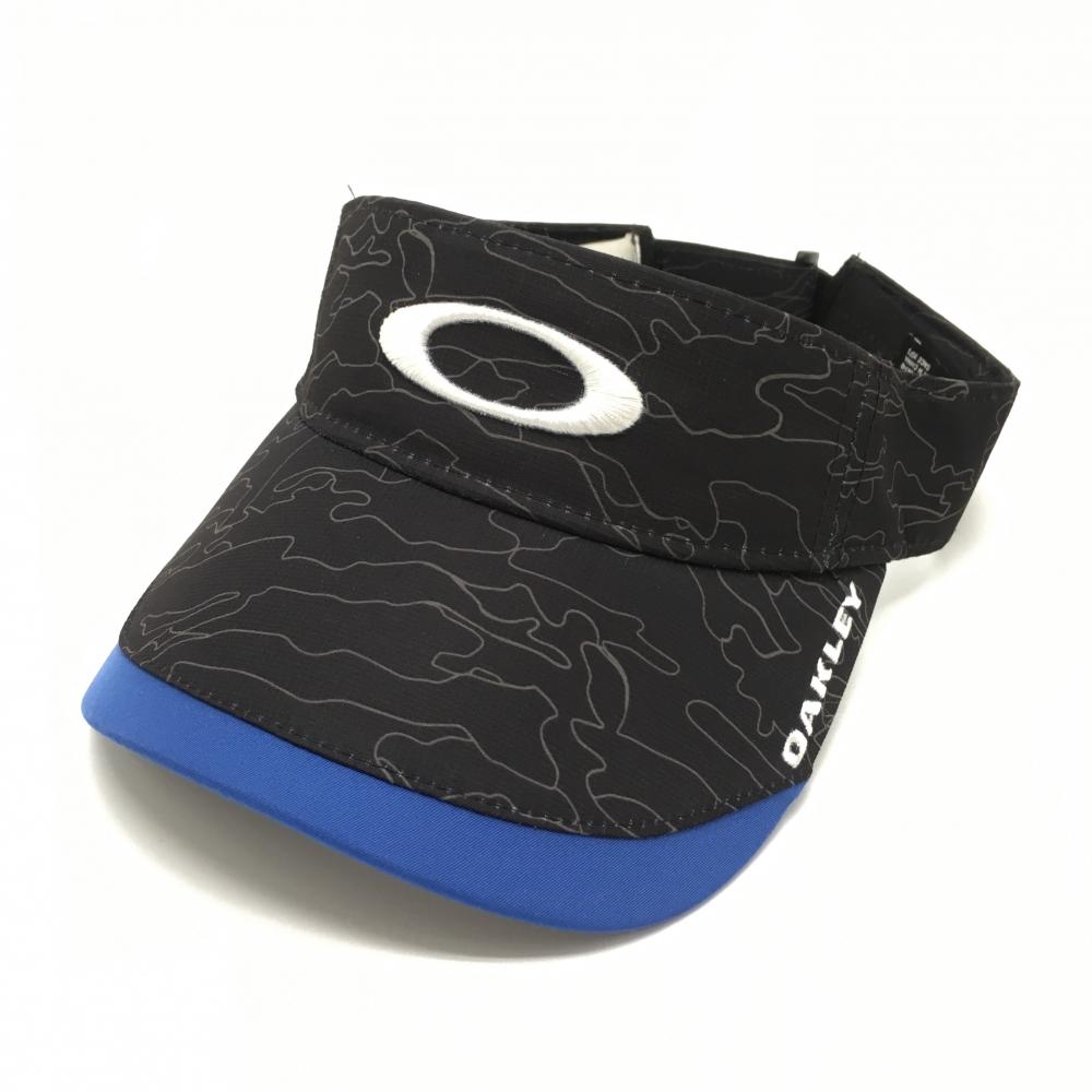 【超美品】オークリー サンバイザー 黒×ブルー 総柄 立体ロゴ刺しゅう ゴルフウェア Oakley
