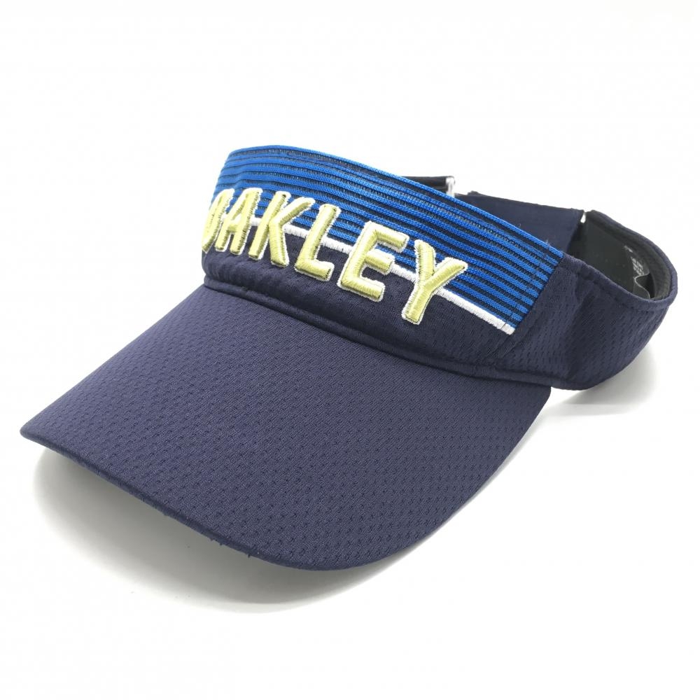 【美品】オークリー サンバイザー ネイビー×イエロー系 立体ロゴ刺しゅう  ゴルフウェア Oakley