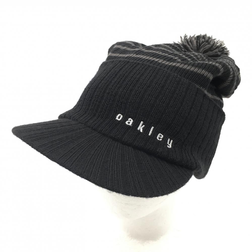 【美品】オークリー つば付きニット帽 黒×グレー ボーダー ボンボン付 ゴルフウェア Oakley