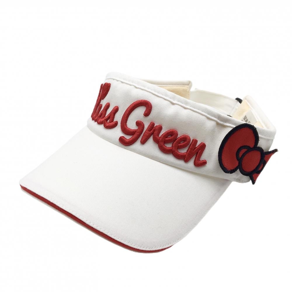 【美品】キスオンザグリーン×ハローキティ サンバイザー 白×レッド 立体ロゴ リボン フリー  ゴルフウェア kiss on the green