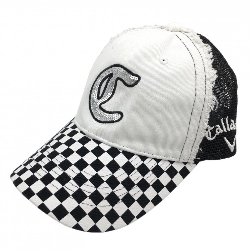 【超美品】キャロウェイ メッシュキャップ 白×黒 つばブロックチェック ダメージ加工 FR  ゴルフウェア Callaway