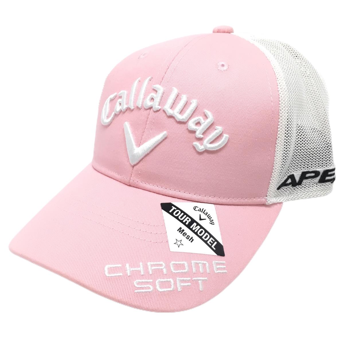 【超美品】キャロウェイ メッシュキャップ ピンク×白 ロゴ刺しゅう TOUR MODEL   ゴルフウェア Callaway