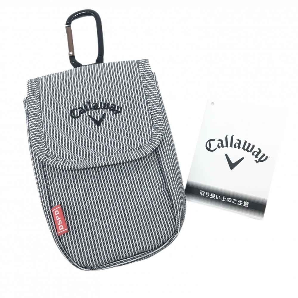 【超美品】キャロウェイ ポーチ グレー×白 ストライプ ロゴ刺しゅう 小物入れ カラビナ付き 紙タグ付き ゴルフ Callaway