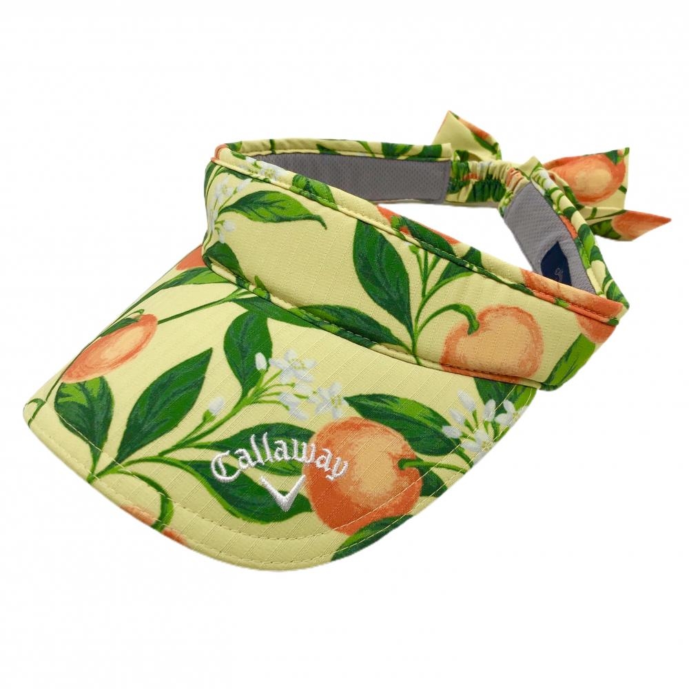 【超美品】キャロウェイ サンバイザー イエロー×グリーン オレンジ柄 小花柄 後ろリボン FR  ゴルフウェア Callaway