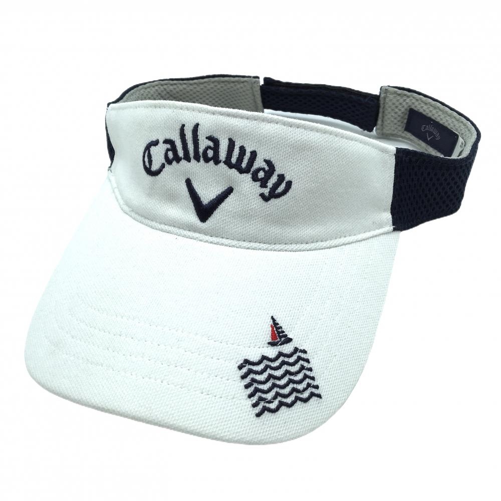 【美品】キャロウェイ サンバイザー 白×ネイビー ロゴ 汗取りパッド付 FR   ゴルフウェア Callaway