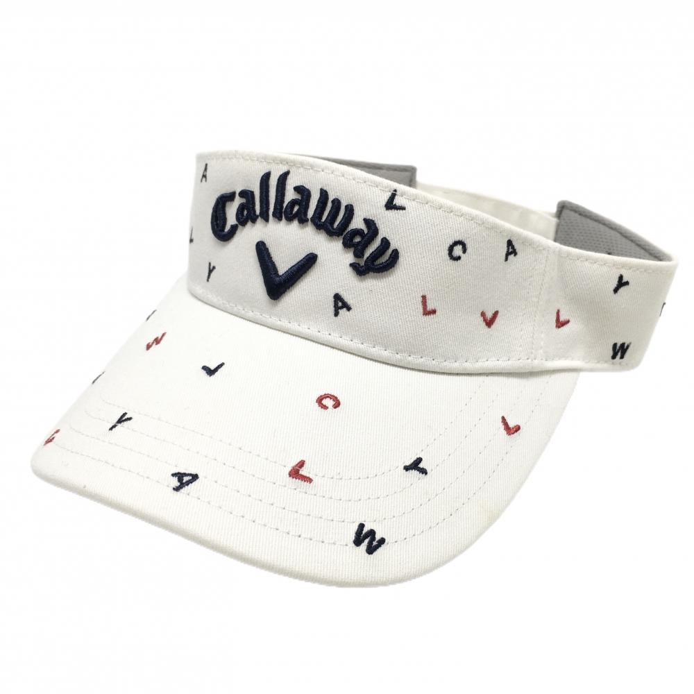【美品】キャロウェイ サンバイザー 白×ネイビー　ロゴ総柄 立体ロゴ刺しゅう  FR   ゴルフウェア Callaway