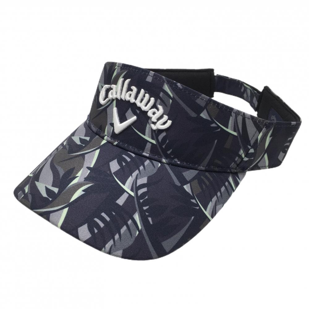 【美品】キャロウェイ サンバイザー ネイビー系×グレー系 総柄 立体ロゴ刺しゅう   ゴルフウェア Callaway