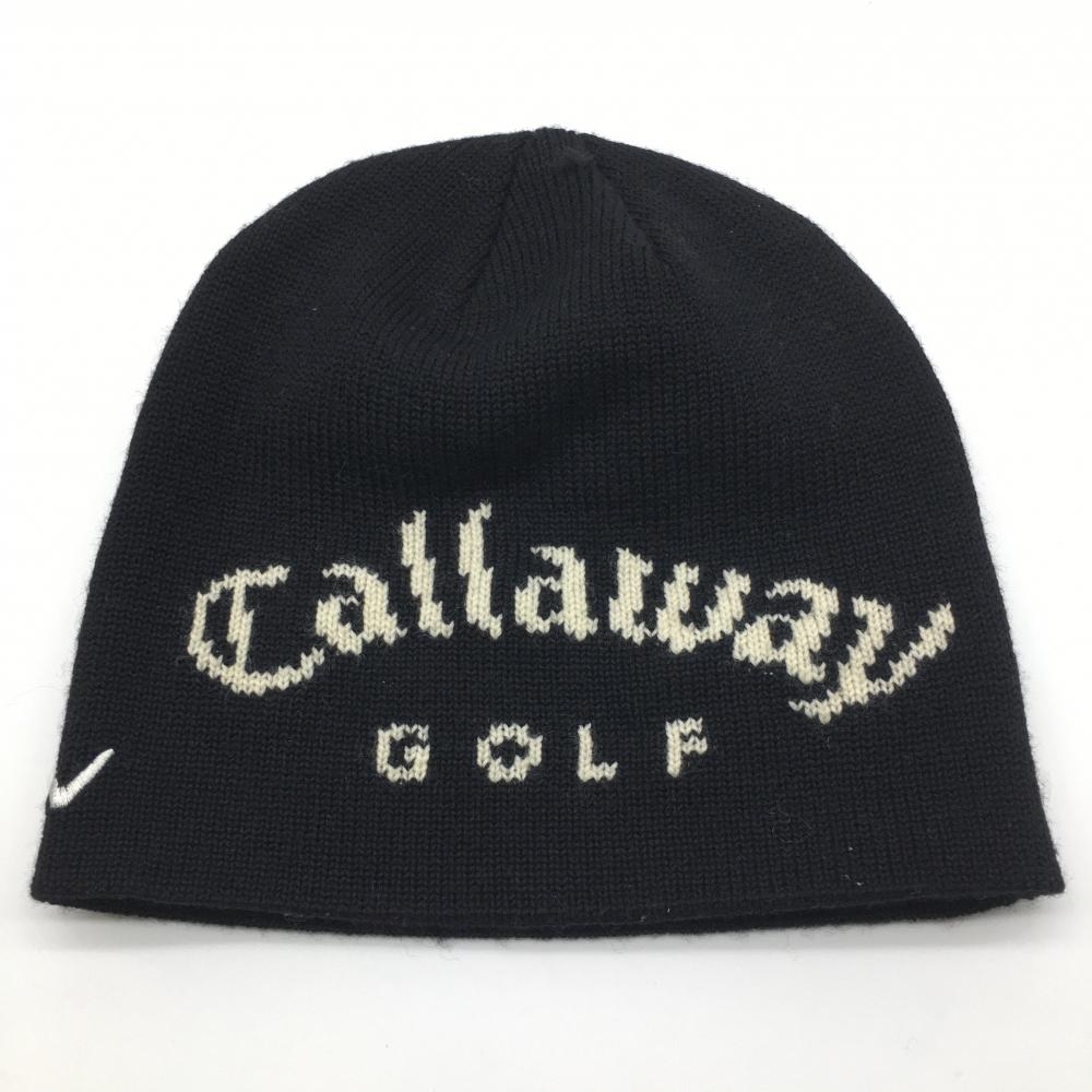 【超美品】Callaway キャロウェイ ニット帽 黒×白 ウール100％ ビッグロゴ  ゴルフウェア