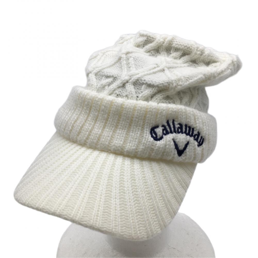 【美品】キャロウェイ つば付きニット帽 白 ケーブル編み 内側フリース  FR ゴルフウェア Callaway