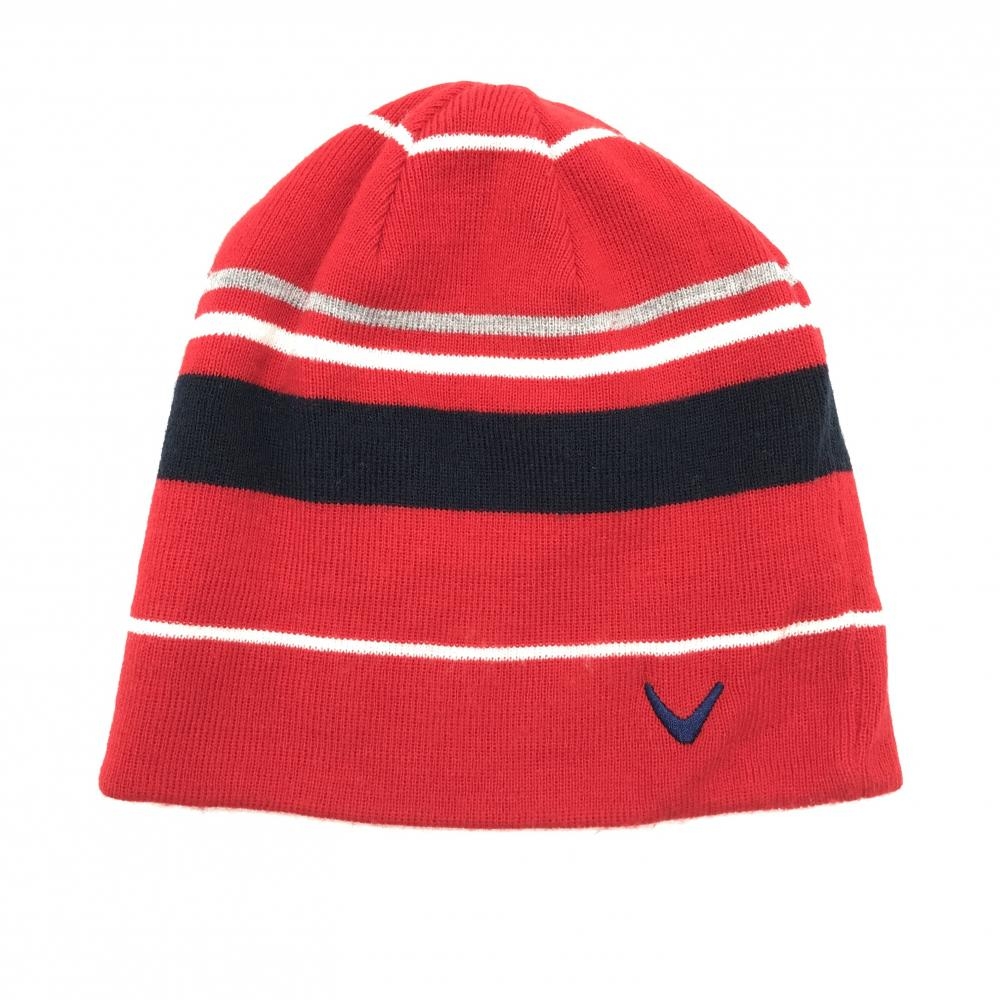 【超美品】キャロウェイ リバーシブルニット帽 レッド×ネイビー ロゴ刺しゅう フリー  ゴルフウェア Callaway