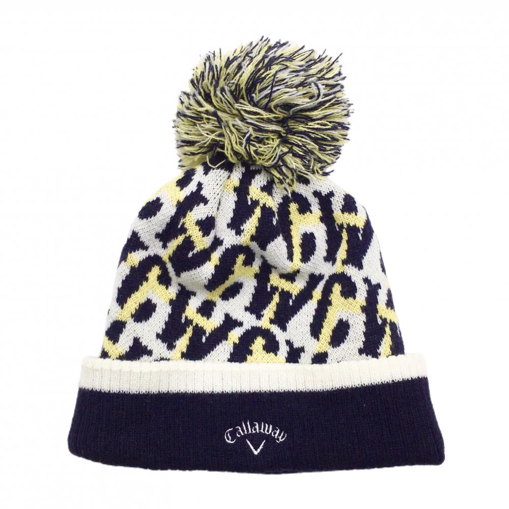 【超美品】キャロウェイ ニット帽 白×ネイビー レオパード柄 ボンボン付き アクリル100％ FR  ゴルフウェア Callaway
