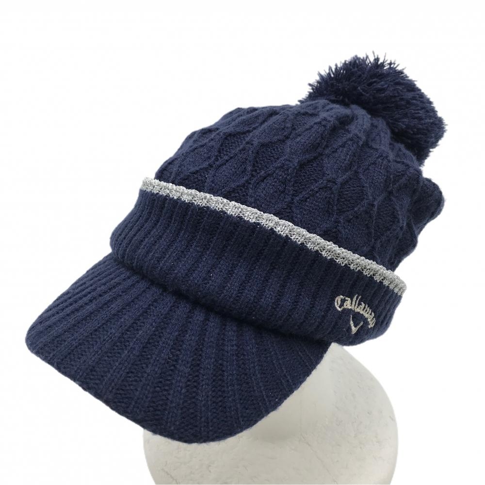 【美品】キャロウェイ つば付きニット帽 ネイビー×シルバー ボンボン付き FR  ゴルフウェア Callaway