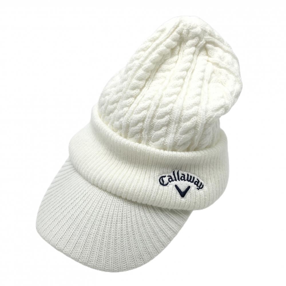 【超美品】キャロウェイ つば付ニット帽 白 ケーブル編み 裏起毛 FR   ゴルフウェア 2023年モデル Callaway