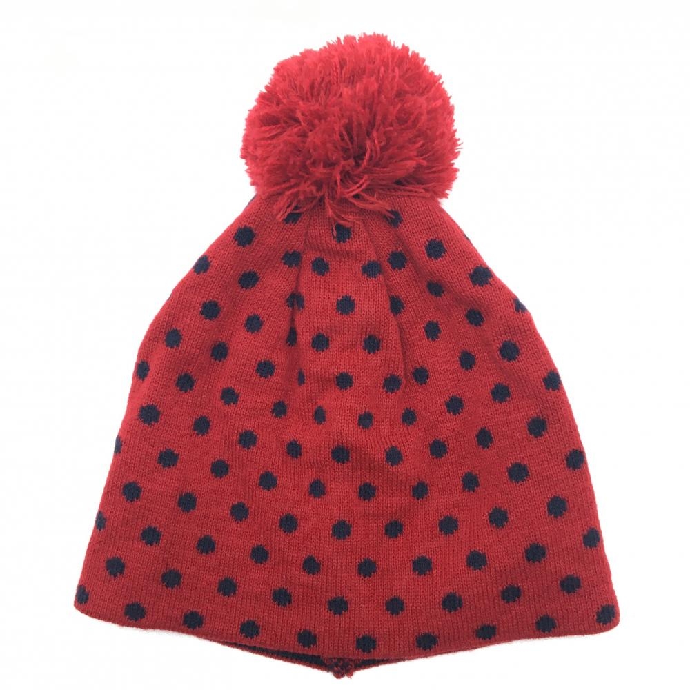 【美品】キャロウェイ ニット帽 レッド×ネイビー ドット柄 ボンボン付 FR  ゴルフウェア Callaway