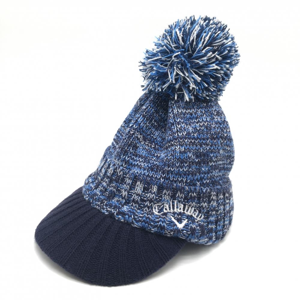 【超美品】キャロウェイ つば付きニット帽 ブルー×ネイビー ボンボン付き ロゴ刺しゅう FR  ゴルフウェア Callaway