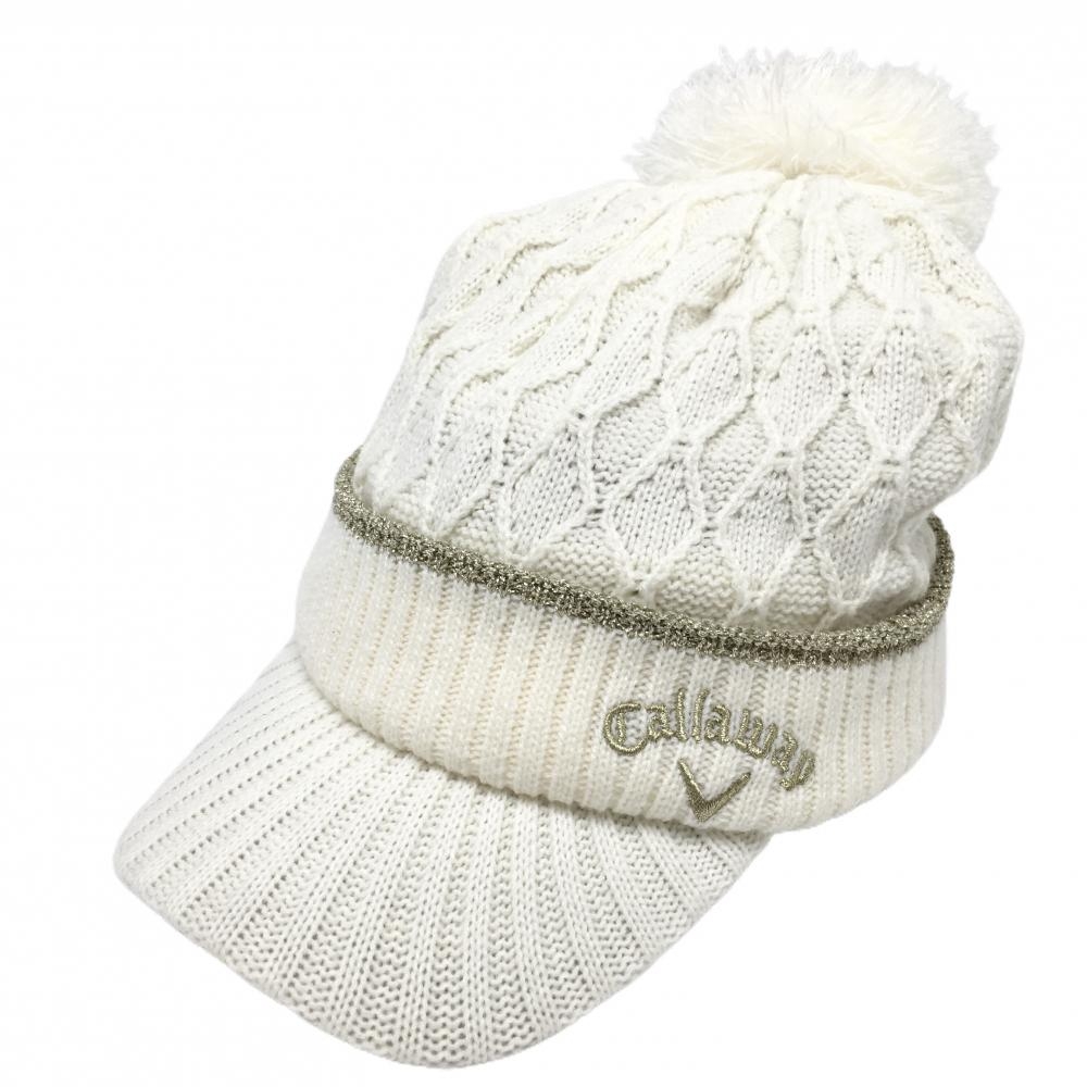 キャロウェイ つば付ニット帽 白×ゴールド メルセデスベンツ ボンボン付 FR  ゴルフウェア Callaway