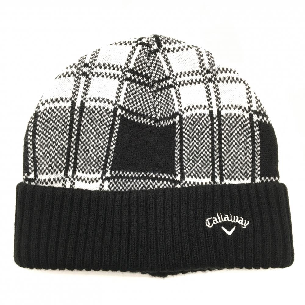 【超美品】キャロウェイ ニット帽 白×黒 チェック調 ロゴ刺しゅう FR   ゴルフウェア Callaway