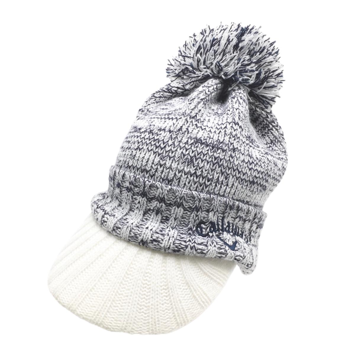 【美品】キャロウェイ つば付きニット帽 白×ネイビー ボンボン付 ロゴ刺しゅう  FR   ゴルフウェア Callaway