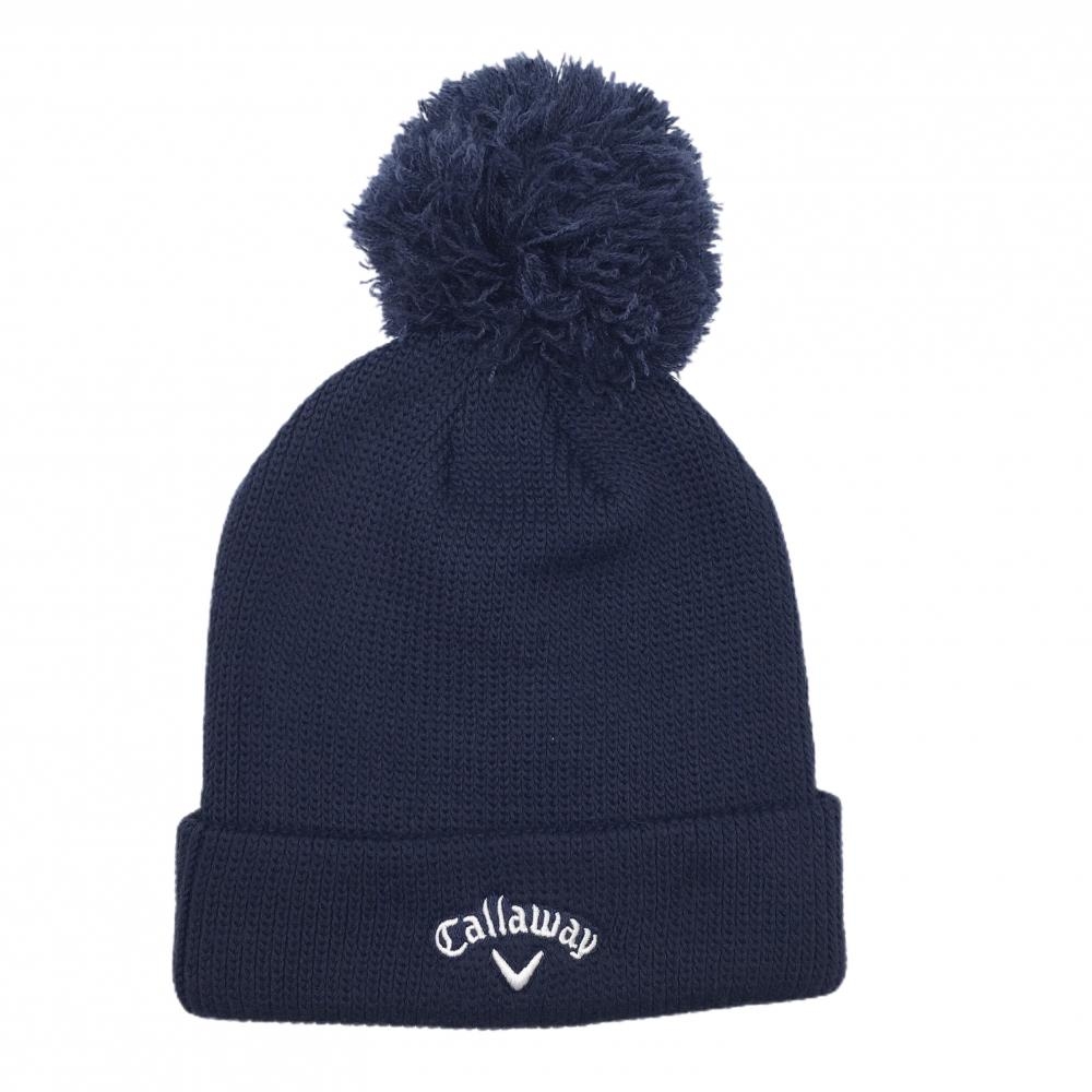 キャロウェイ ニット帽 ネイビー ボンボン付 ロゴ白 FR   ゴルフウェア Callaway
