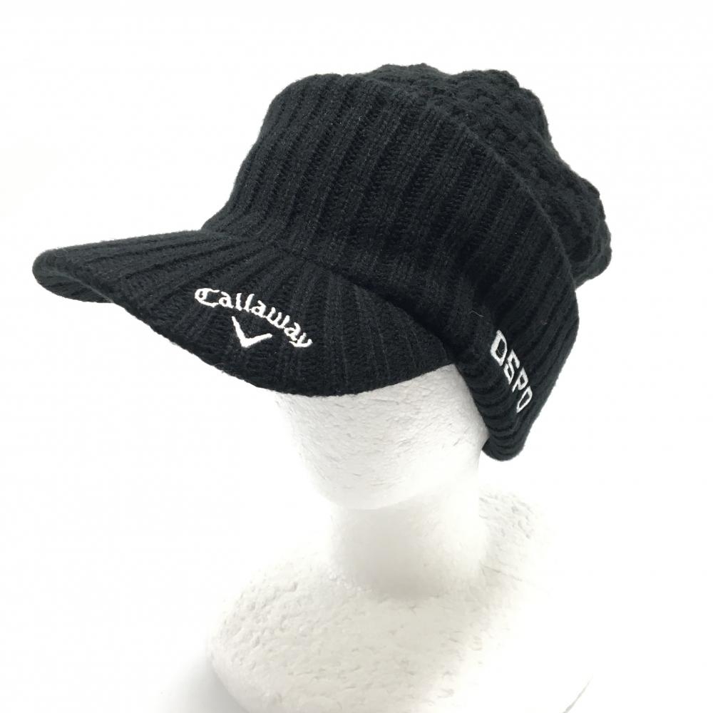 【超美品】キャロウェイ つば付ニット帽 黒×白 ロゴ刺しゅう 裏起毛 FR   ゴルフウェア Callaway