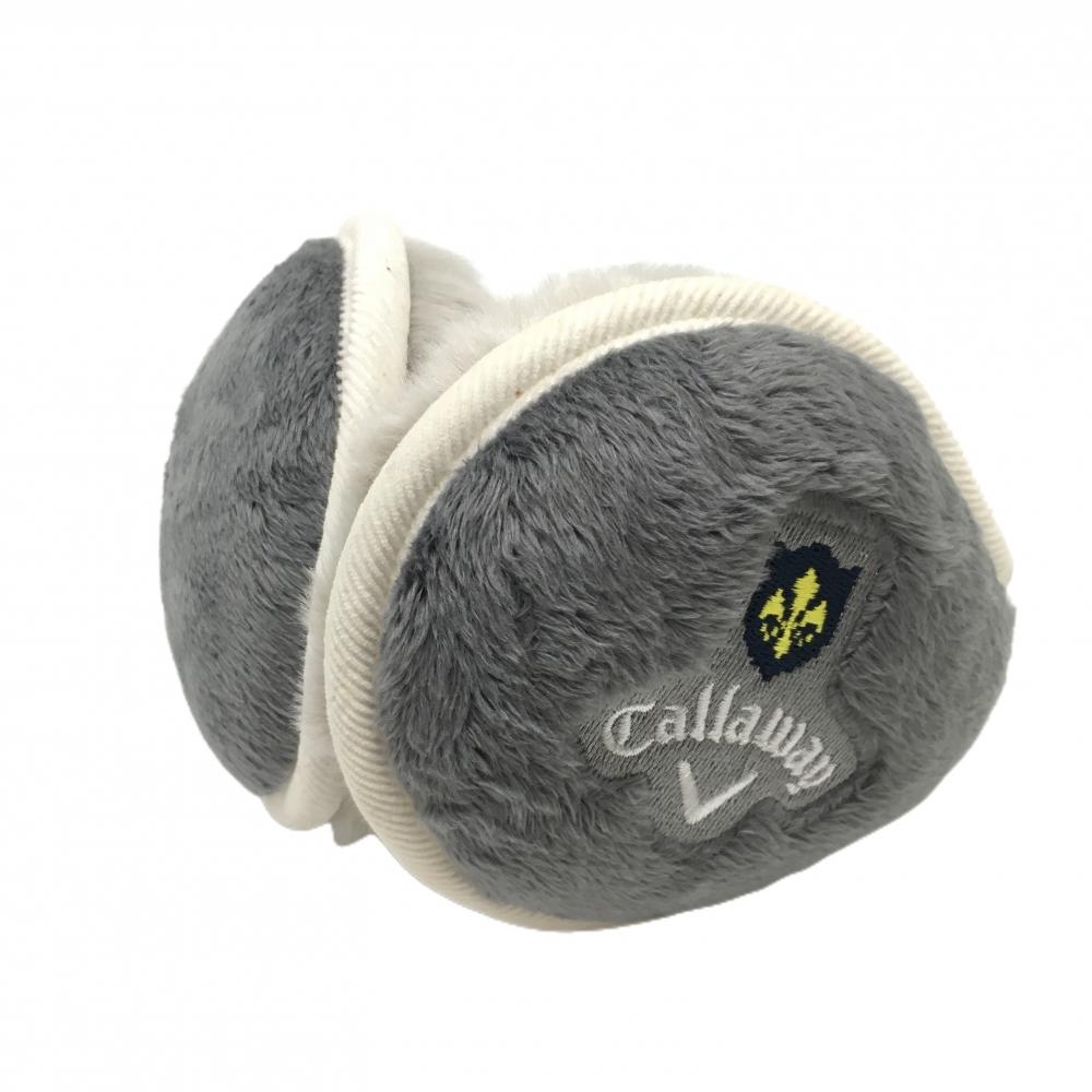 【超美品】キャロウェイ イヤーマフ 耳当て グレー×白 ファー ロゴ刺しゅうゴルフ Callaway