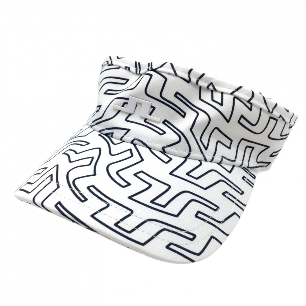 【美品】ジェイリンドバーグ サンバイザー 白×ダークネイビー ロゴ総柄 内側パイル地  ONE SIZE   ゴルフウェア J．LINDEBERG