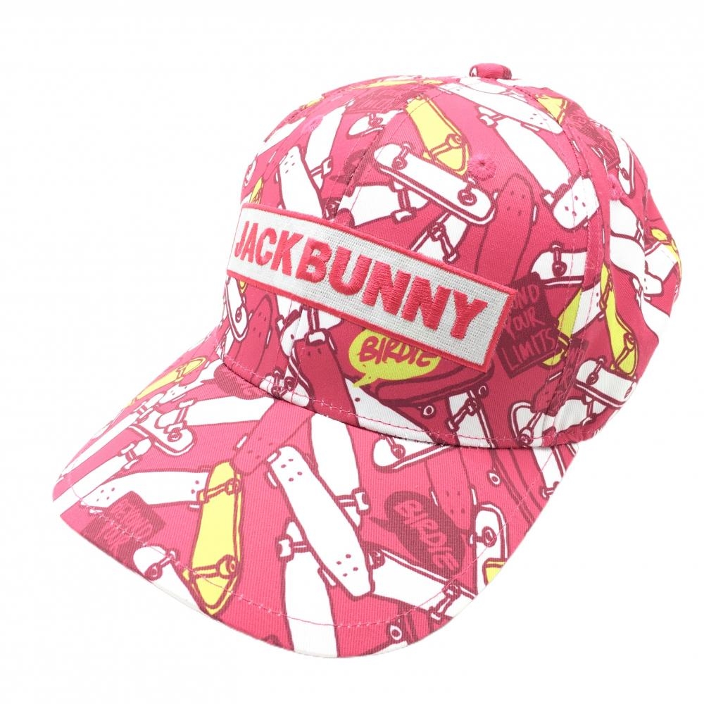 【超美品】ジャックバニー キャップ ピンク×白 スケートボード総柄 ロゴ刺しゅう FR   ゴルフウェア Jack Bunny
