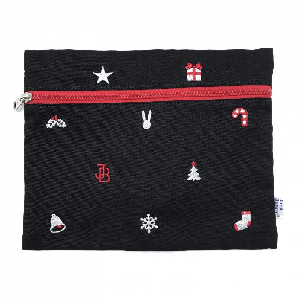 【新品】ジャックバニー ポーチ 黒×レッド×シルバー クリスマス刺しゅう総柄 ノベルティゴルフ Jack Bunny