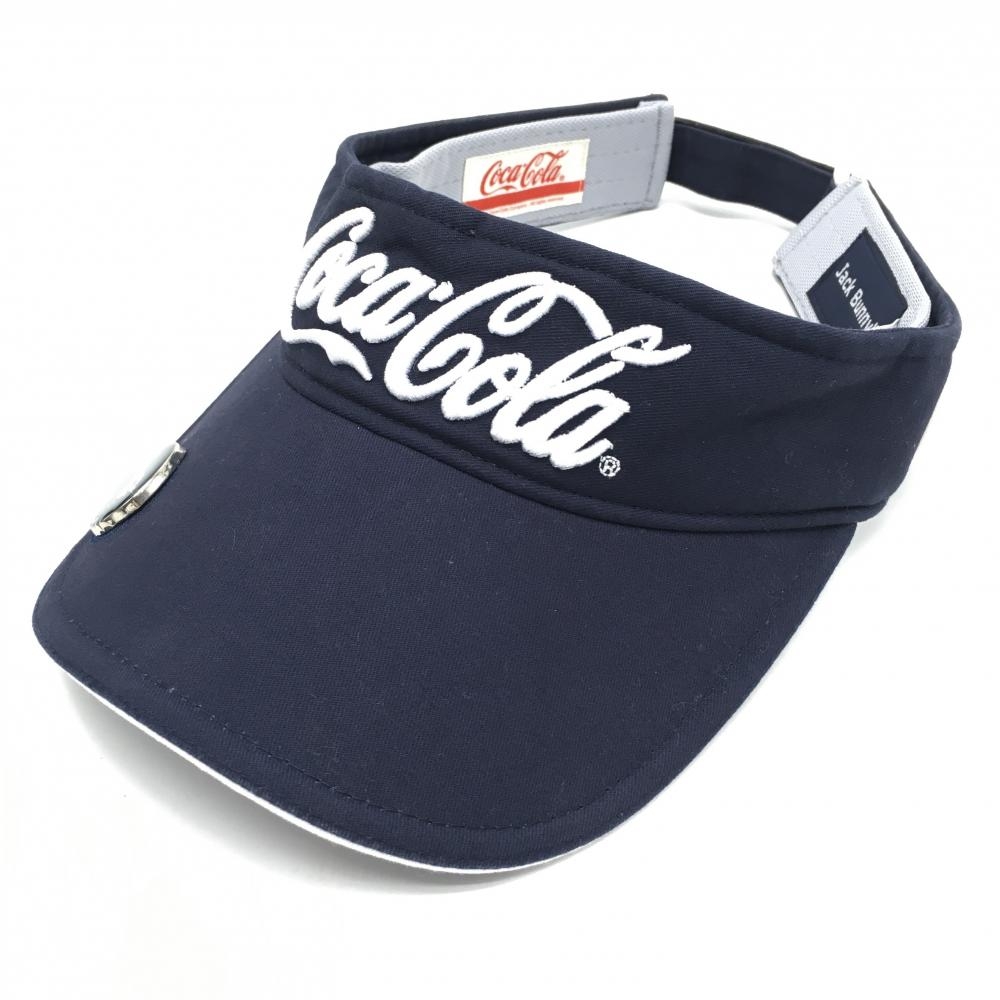 【美品】ジャックバニー×コカ・コーラ サンバイザー ネイビー×白 刺しゅう マグネットマーカー付 FR   ゴルフウェア Jack Bunny