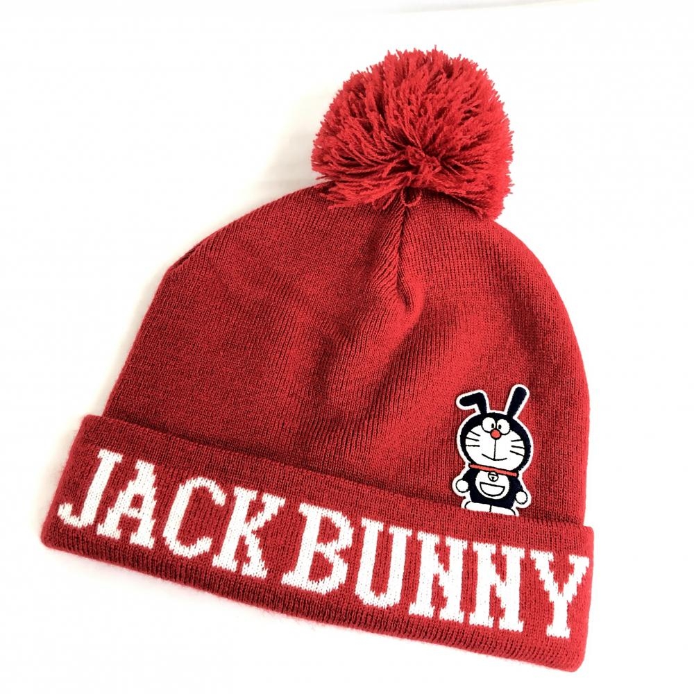 【超美品】Jack Bunny ジャックバニー ニット帽 レッド ドラえもん ワッペン  ゴルフウェア
