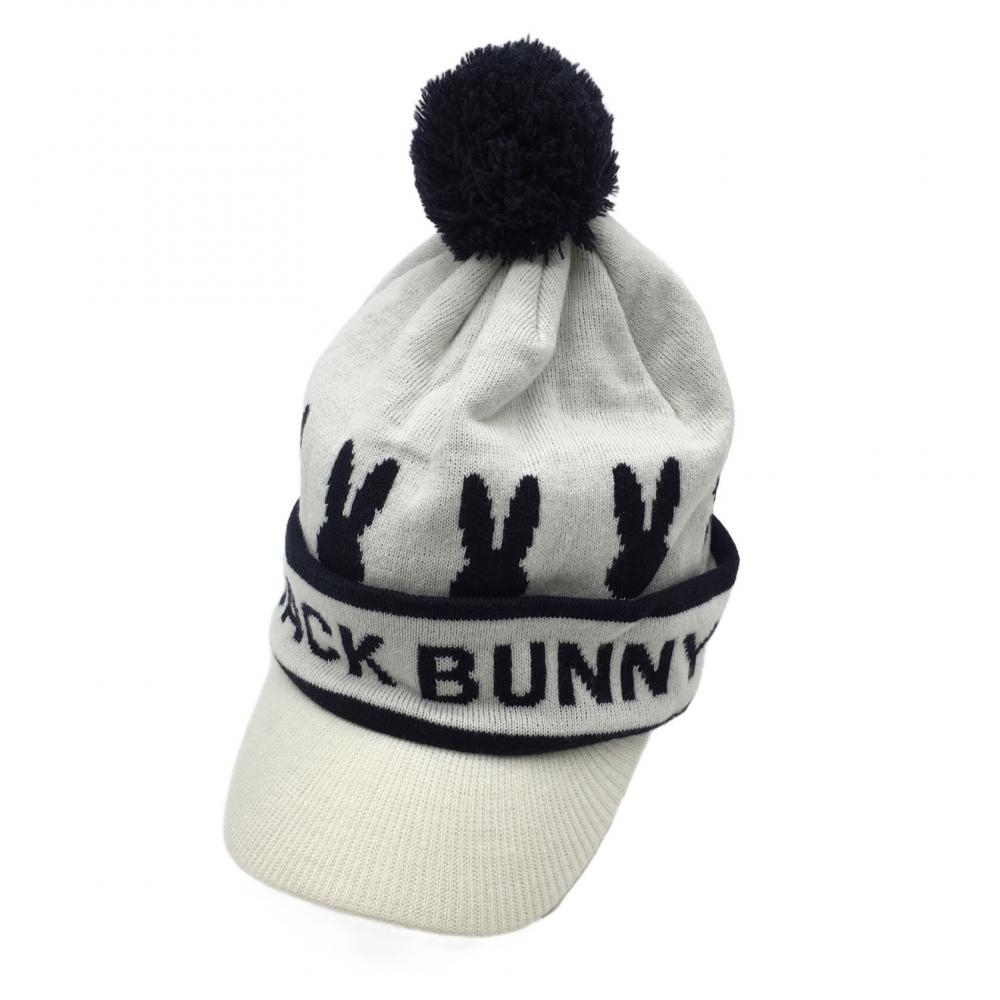 【超美品】ジャックバニー つば付きニット帽 白×ネイビー ボンボン付き ウサギ  FR ゴルフウェア Jack Bunny
