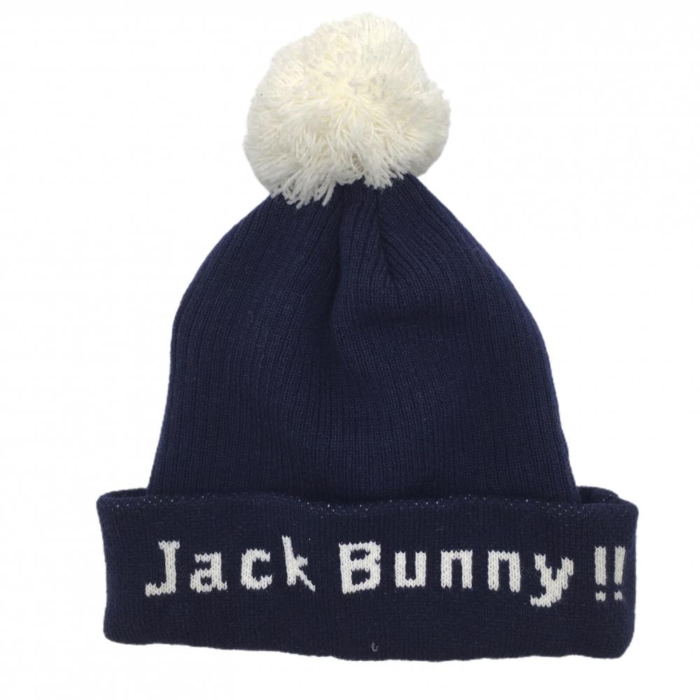 【超美品】ジャックバニー×PEANUTS ニット帽 ネイビー×白 スヌーピー ボンボン付 FR ゴルフウェア Jack Bunny