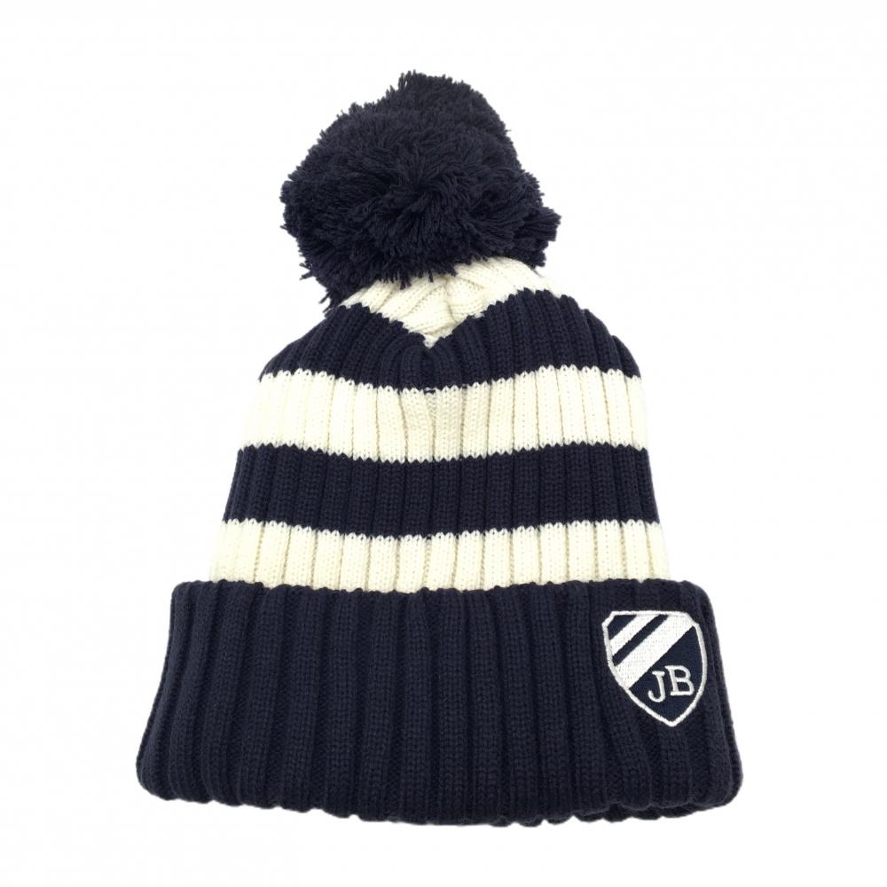 【超美品】ジャックバニー ニット帽 ネイビー×白 ボンボン付き ロゴ刺しゅう FR  ゴルフウェア Jack Bunny