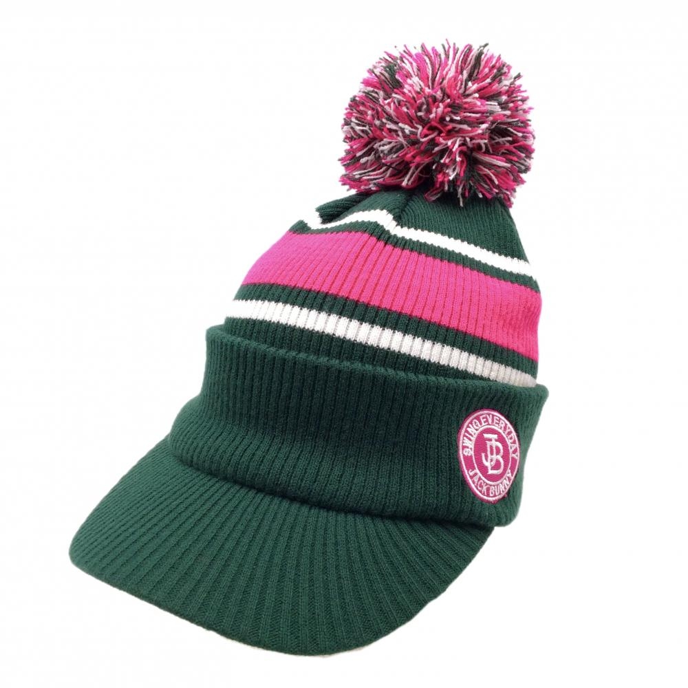 【超美品】ジャックバニー つば付ニット帽 グリーン×ピンク ボンボン付 裏フリース FR   ゴルフウェア Jack Bunny