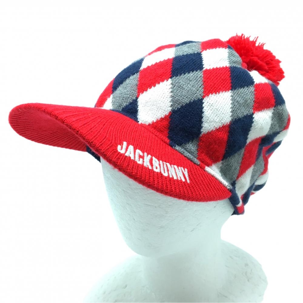 ジャックバニー つば付きニット帽 レッド×グレー×ネイビー 総柄 FR   ゴルフウェア Jack Bunny
