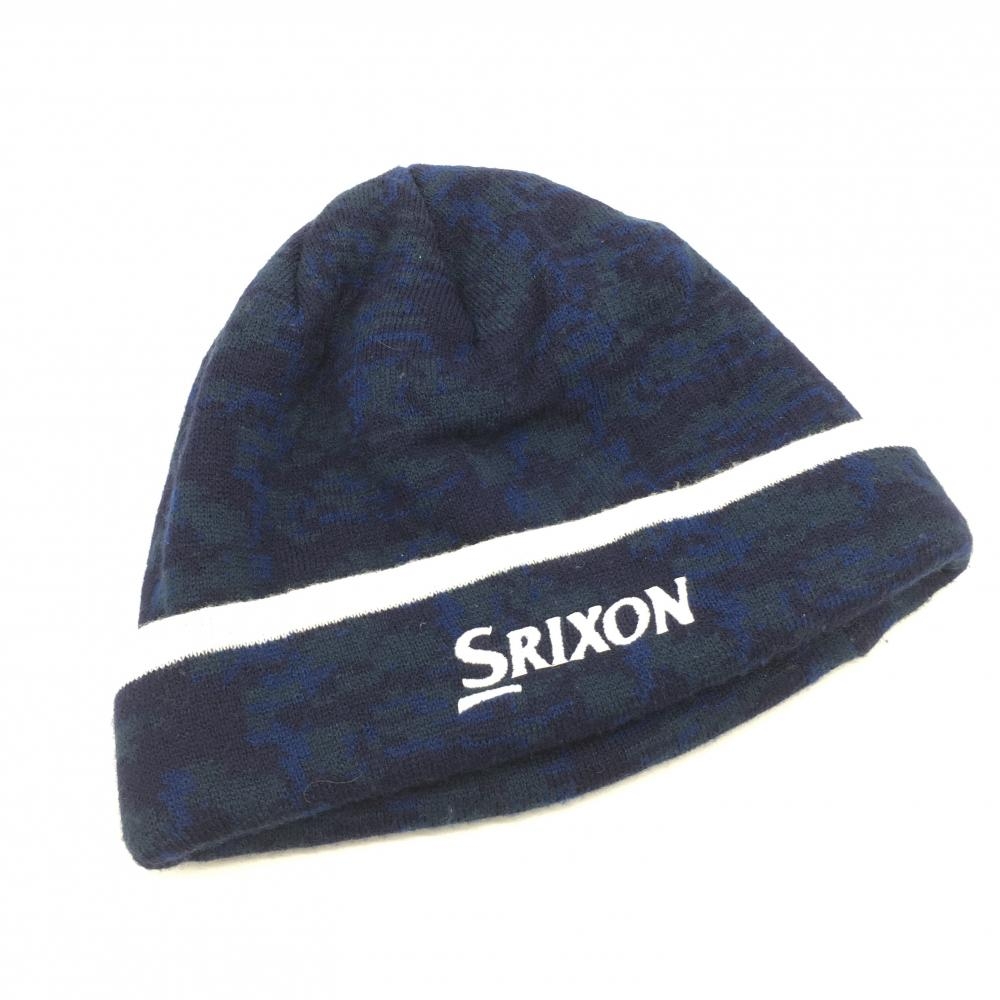 【美品】SRIXON スリクソン ニット帽 ネイビー×白 迷彩 カモフラ 総柄 F ゴルフウェア