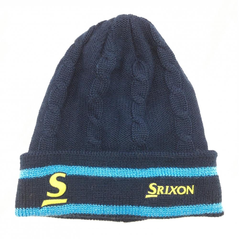 【美品】SRIXON スリクソン ニット帽 ネイビー×ライトブルー ケーブル編み 裏フリース フリーサイズ ゴルフウェア