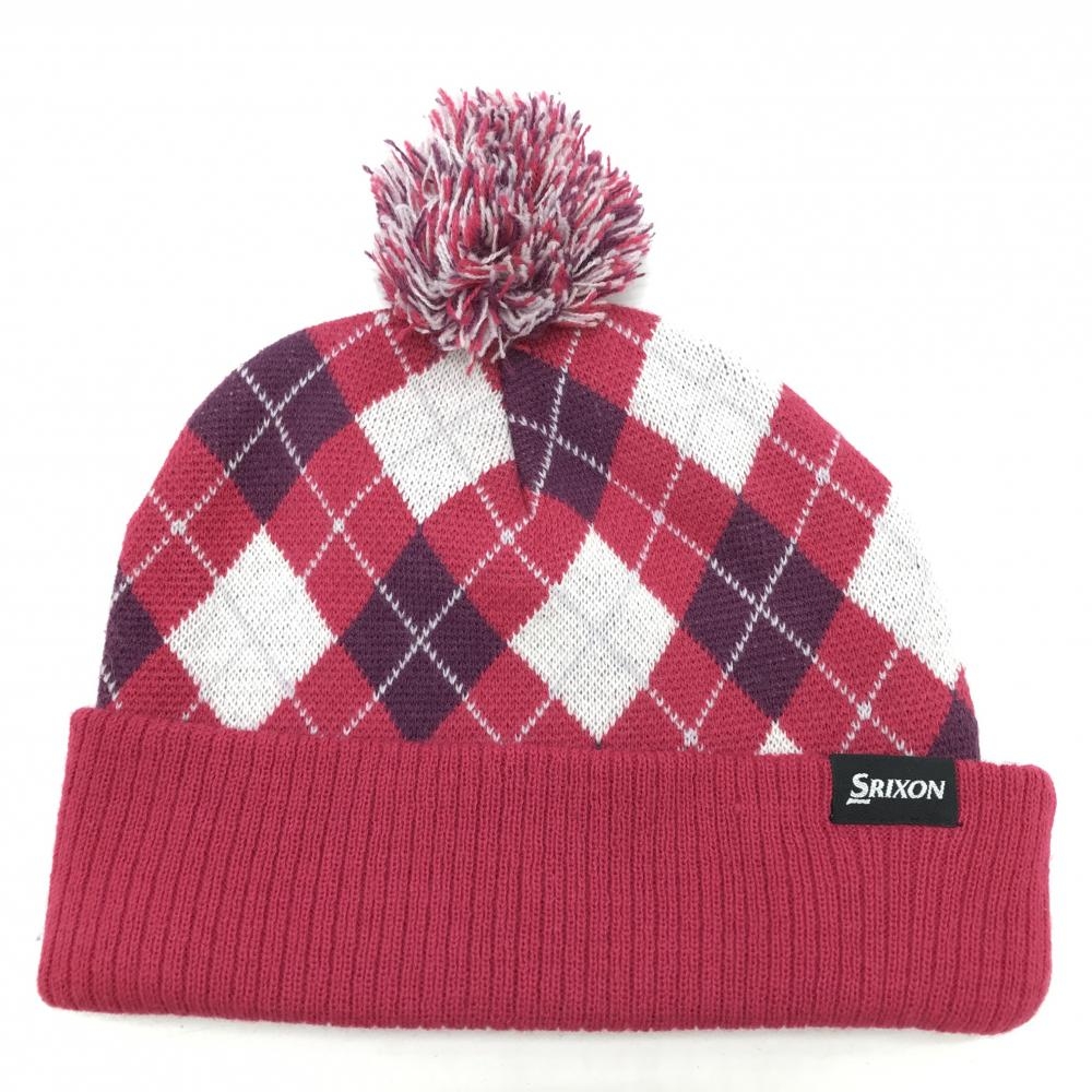 【超美品】スリクソン ニット帽 レッドピンク×パープル アーガイル柄 ボンボン付き フリーサイズ  ゴルフウェア SRIXON