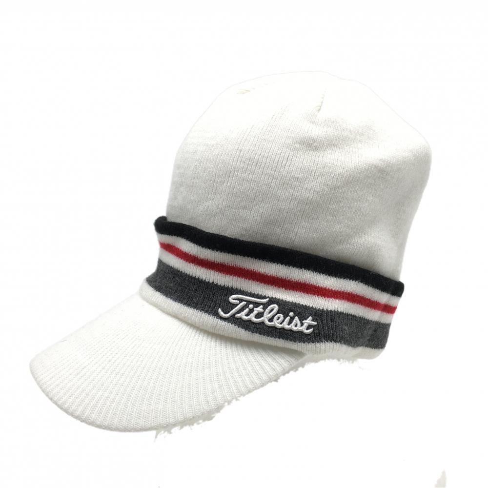 【美品】タイトリスト つば付きニット帽 白×グレー×黒 ロゴ刺しゅう ゴルフウェア TITLEIST