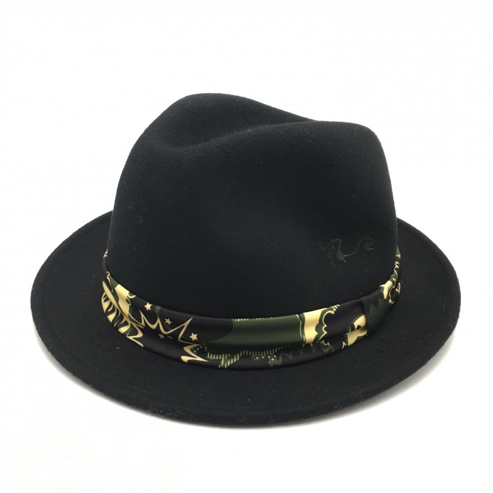 【超美品】ダンスウィズドラゴン 中折れハット 黒 一部カモフラ調 ウール100% フリーサイズ  ゴルフウェア Dance With Dragon