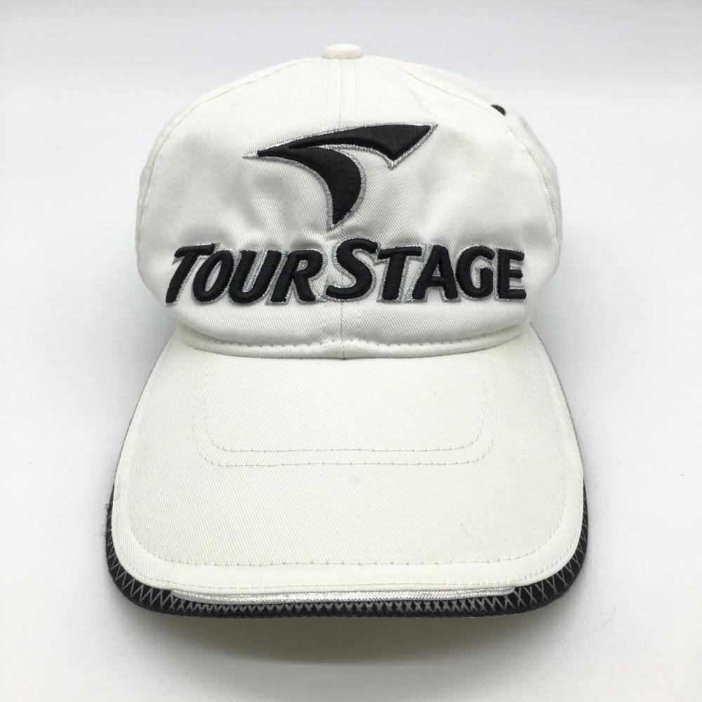 ツアーステージ キャップ 白×黒 立体ロゴ刺しゅう 毛羽立ち、薄汚れ複数 L（57-60） ゴルフウェア TOURSTAGE