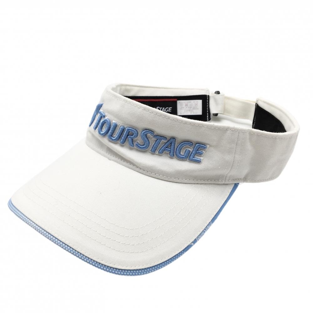 【美品】ツアーステージ サンバイザー 白×ライトブルー 立体ロゴ つば薄汚れ小  ゴルフウェア TOURSTAGE