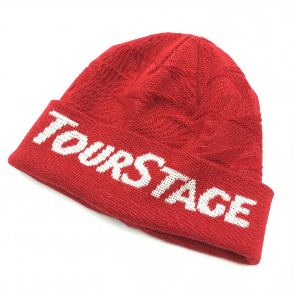 【超美品】ツアーステージ ニット帽 レッド ロゴ総柄 フリーサイズ(約56-59cm) ゴルフウェア TOURSTAGE