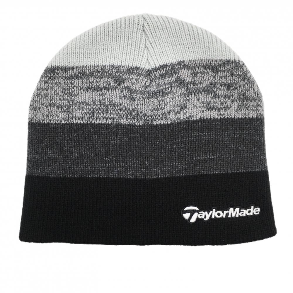 【超美品】テーラーメイド ニット帽 黒×グレー ボーダー ロゴ白 フリー(57-59cm)   ゴルフウェア TaylorMade