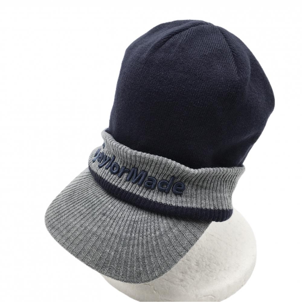 【美品】テーラーメイド つば付きニット帽 ネイビー×グレー 立体ロゴ 裏地付 フリー(57-59cm)   ゴルフウェア TaylorMade
